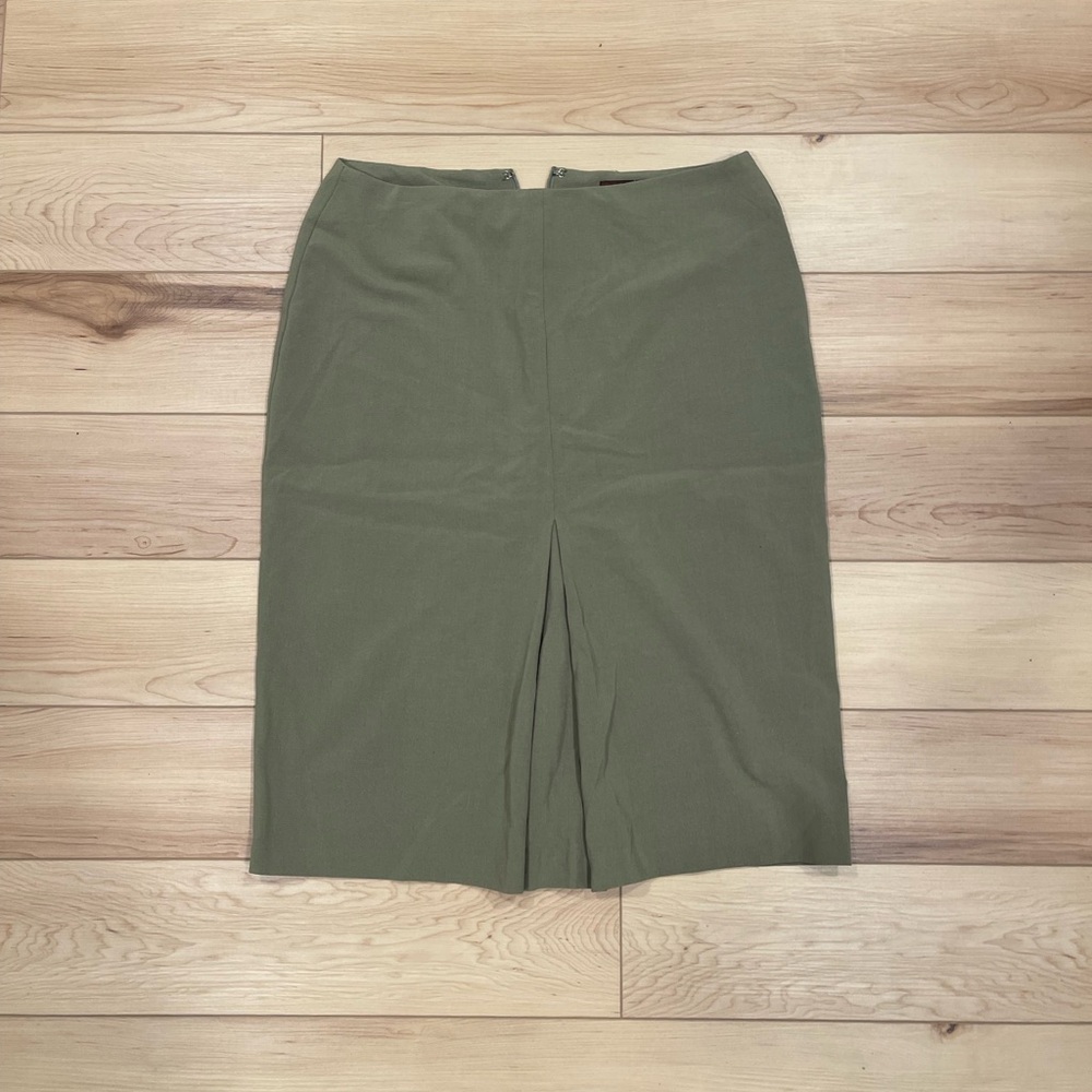 olive green pleated skirt with front slit